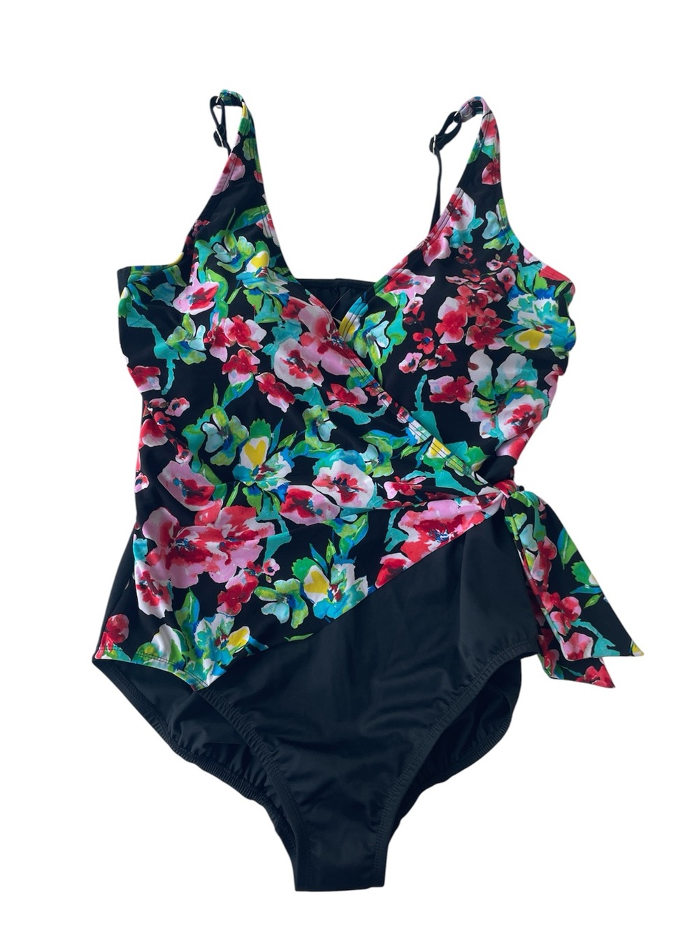Trimshaper Vera One Piece Swimsuit Black Multi Floral Side Tie Woman's 14 New
